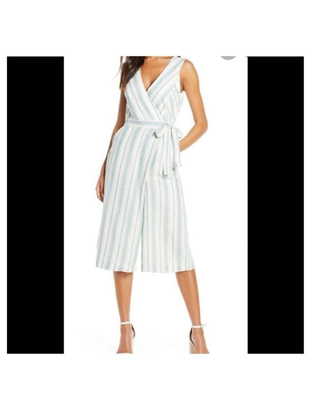 Adelyn Rae Behati Linen Crop Jumpsuit Size M White Blue